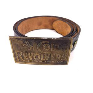 Vintage Colt Revolvers Belt Buckle J-36 With Leather Black Belt Curtis 41 inch
